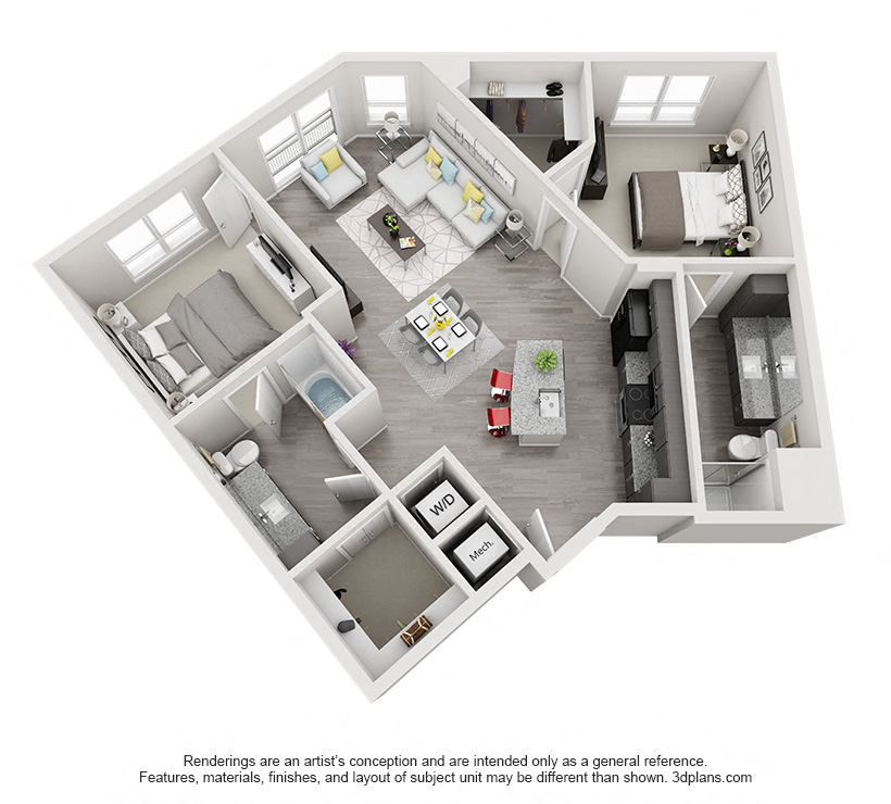 Floor plan for 2 beds, 2 baths, 1105 sqft